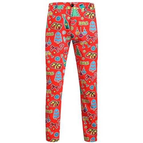 Mymyguoe Men's Slim: Suit Trousers with Stretch Comfort Regular Fit Elasticated Waistband Suit Trousers Funky Christmas Print Santa Christmas Gifts Christmas Clothing