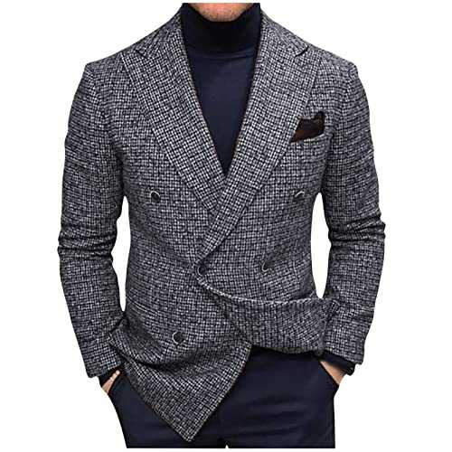 RLEHJN Men's Blazers UK Sale Clearance, Tweed Jacket for Men Casual Double Breasted Blazer Jacket Vintage Formal Suit Jackets Regular Fit Long Sleeves Smart Suit Blazer for Wedding Business