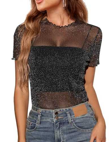 Pasgreson Women's Sheer Mesh Tops Glitter See Through Sexy T Shirt Blouse Clubwear