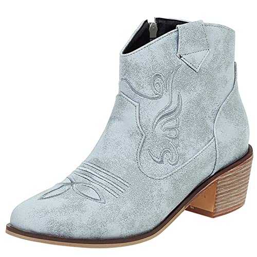 MJIASIAWA Women Classic Ankle Cowboy Chelsea Block Heel Zip Western Embroidered Boots