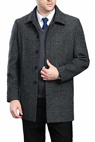 FASHINTY Men's Classical Bussiness Style Single Breasted Plaid Wool Coat #00220