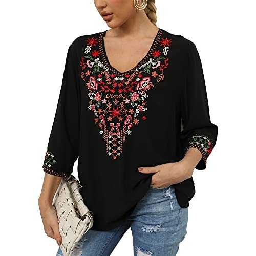 Grosy Bohemian Embroidered Tops for Women, Hippie Clothes, Mexican Peasant Blouses, Traditional Boho Clothing Tunic Shirts