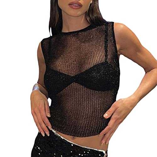 Women Sequin Glitter Tank Top Sleeveless See Through Knit Skinny Crop Top Sheer Mesh Hollow Out Sparekly T-Shirt Vest