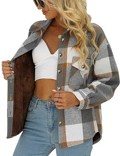 Ynhonra Women's Sherpa Fleece Lined Jackets Flannel Plaid Lapel Tartan Shirt Fuzzy Button Down Jacket Winter Warm Coats