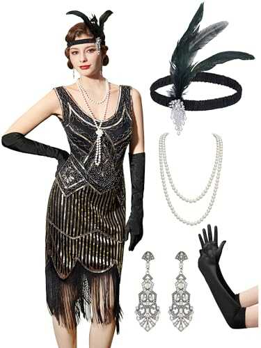 YESSA Flapper Dresses 1920s Gatsby Dress for Women Roaring 20s Costumes Fringed Sequin Cocktail Dress with 20s Accessories
