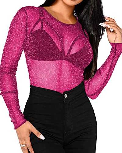 BelleLovin Women's Sheer Mesh Tops Long Sleeve Glitter Sexy Tops See Through Blouses