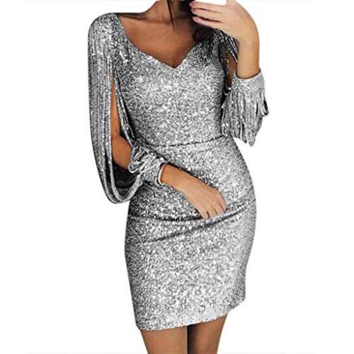 Ladies Summer Dresses Size 14 Sexy Shining Sequined Dress Mini Stitching Women Solid Sleeved Long Club Women's Dress Warehouse Deals Clearance