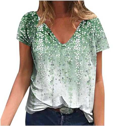 RLEHJN V Neck T Shirts for Women UK Sale Clearance, Ladies Blouses Cheap Short Sleeve Tunic Tops Summer Retro Floral Printed Tee Shirts Casual Loose Tshirts Swing Tops for Outdoor Size 8-16