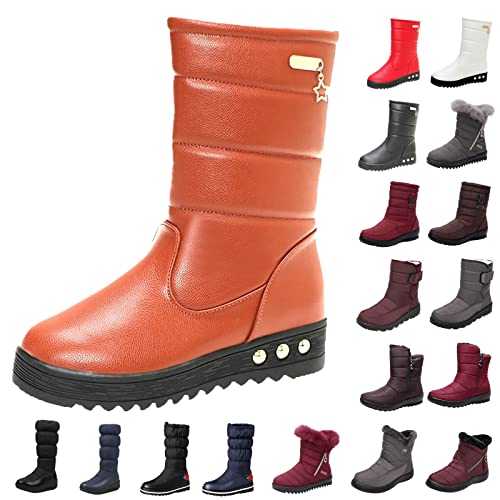 Women Winter Snow Boots Faux Lined Slip On Zipper Waterproof Comfy Warm Walking Hiking Outdoor Ladies Ankle Booties Wedges Heels Plush Thermal Boots