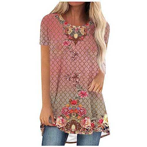 RLEHJN Oversized V Neck T Shirts for Women UK Longline Short Sleeve Dressy Tunic Tops Summer Vintage Floral Printed Elegant Tops Casual Loose Tshirts Basic Tee Shirts Ladies Blouses