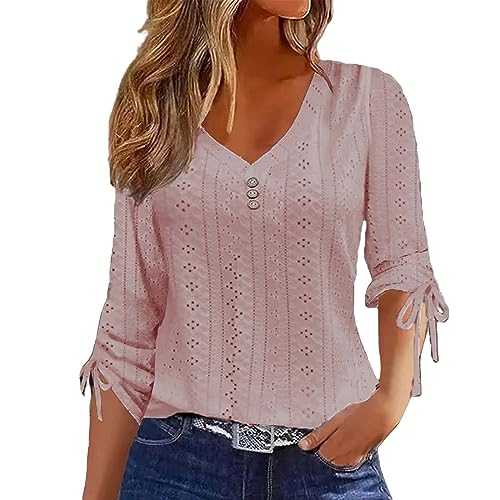 Tops for Women Plus Size Long Sleeve V Neck Button Lace T Shirts Casual Broderie Anglaise Loose Fit Shirts Blouse Comfy Oversized Tunic Tops Light Tee Shirt for Daily Wear