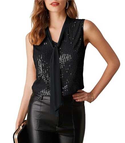 GRACE KARIN Women's Sequin Vest Blouses Sleeveless Sparkly Tank Top V-Neck Party Top with Chiffon Ribbon Top