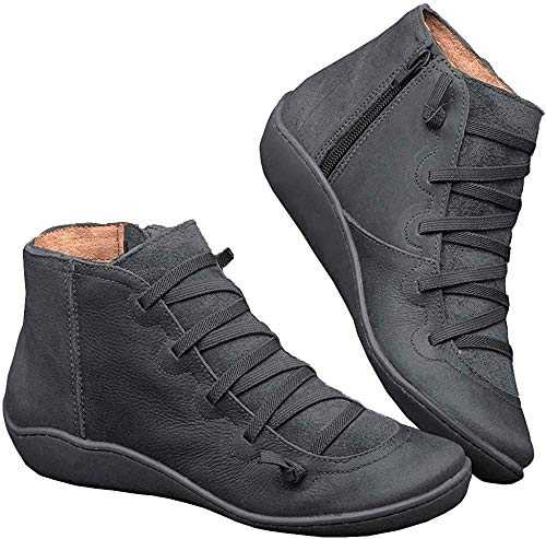 Kinloy Women Lightweight Arch Support Boots Flat Heel Lace-up Side Zipper Waterproof Vintage Leather Ankle Booties Anti-Slip Casual Shoes Gray Size 6.5 UK