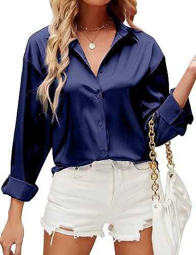 HANERDUN Women Top Blouse Top for Women UK Silk Satin Shirt Ladies Tops V Neck Long Sleeve Casual Work Blouse Tops Button Down Shirts