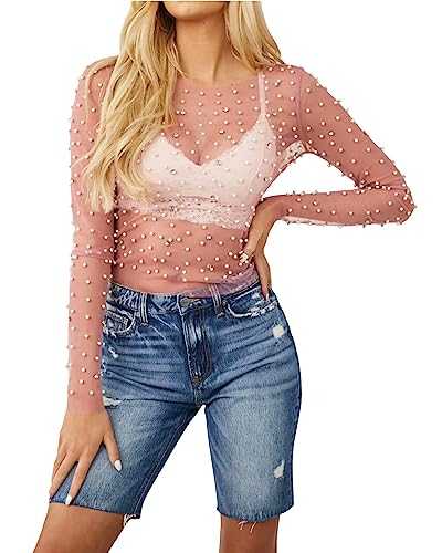 Fylovery Women Shiny Pearls Rhinestones Long Sleeve Crop Tops Round Neck Sheer Mesh See Through Slim Fit T-Shirt Jumper Blouses Streetwear