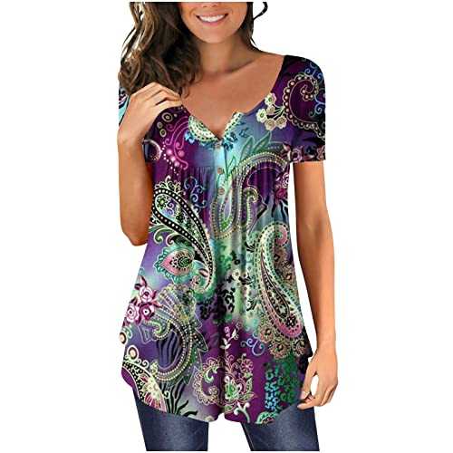 AMhomely Womens Henley Tunic Tops Button Up T-Shirts Short Sleeve V-Neck Casual Blouses Purple, XXL
