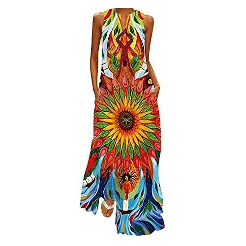 AMDOLE Tunic Dress for Women Party Cami Dress V Neck Maxi Sleeveless Print Summer with Dress Women Pockets Women's Dress Womens Cocktail Dress