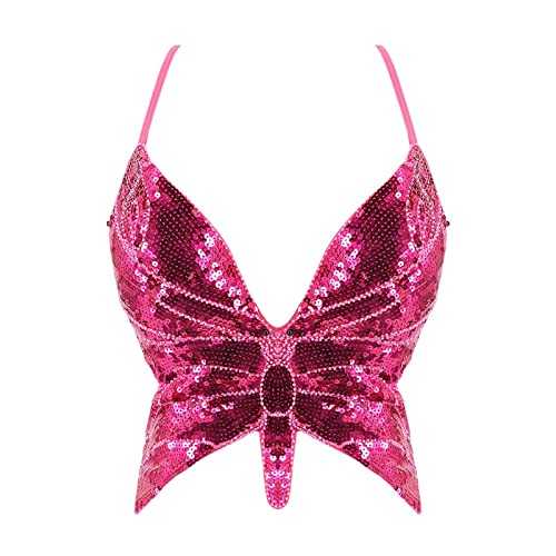 Glitter Sequin Tops Women's Butterfly Crop Tops Women's Glittering Backless Top Sexy Tank Top Elegant Belly Dance Costumes Bra Music Festival Dance Wear