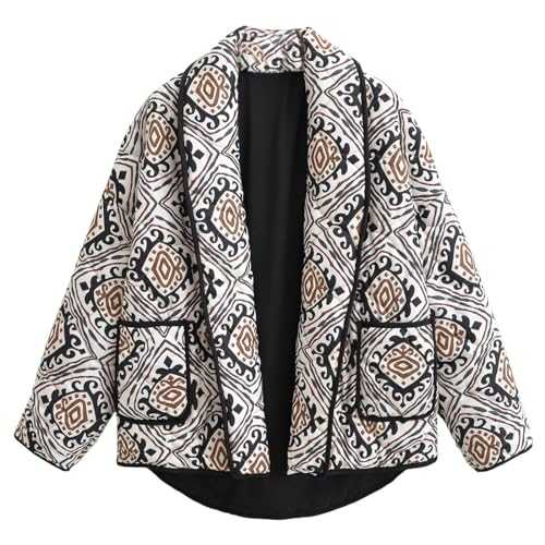 Womens Cropped Puffy Quilted Jacket Fall Winter Coat Lightweight Vintage Floral Print Puffer Jacket Ladies Long Sleeve Cotton Padded Jacket Coat Open Front Cardigan Coat Outwear