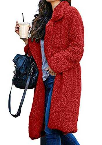 YMING Ladies Long Teddy Fleece Jacket Winter Warm Cardigan Lapel Plush Coat Faux Fur Coat