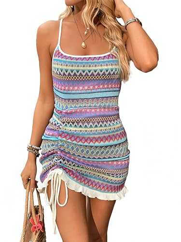 Women Mini Dress Square Neck Camisole Striped Knitted Spaghetti Strap Backless Beach Sundress with Pleats