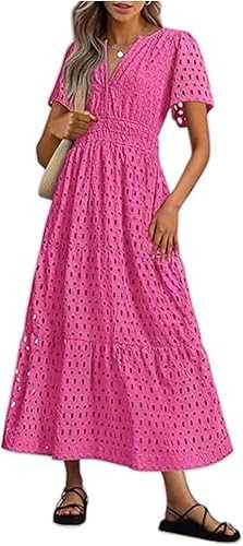 Summer Dresses for Women UK Wedding Guest Party Evening Maxi Dress Short Sleeve Casual Boho V Neck Hollow Out Eyelet Ruffle Swing A Line Cotton Long Flowy Beach Holiday Essentials Dresses Plus Size