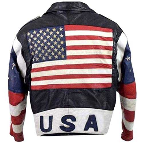LP-FACON American Flag Jacket - Mens Brando Leather Bomber Motorcycle Riding Cafe Racer Biker Jacket