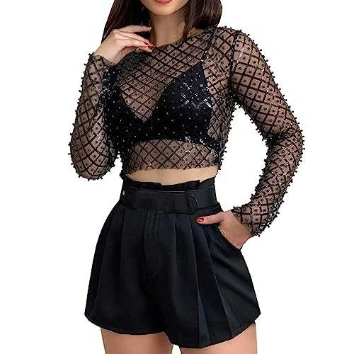 Women's Sexy Mesh Sparkly Sequin Tops Long Sleeve Glitter Cropped Tops Round Neck Club Ruffle Party Shirts