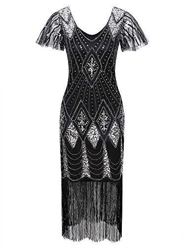 Vijiv Women's 1920s Gatsby Inspired Sequin Beads Long Fringe Flapper Dress with Sleeves