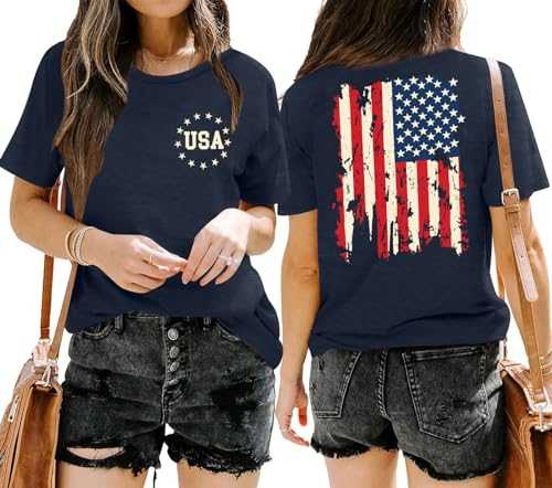 American Flag Shirt Women: Patriotic Shirt USA Flag Stars Stripes Print Short Sleeve T-Shirt 4th of July Tee Tops