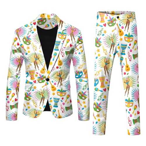 Uwdiohq Mens Suits Long Sleeve Button Down Jacket with Long Leg Trouser Colorful Pattern Printed Jacket Pants Set Fashion Casual Suit for Holiday Party