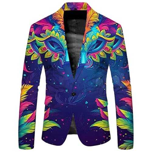 Men's Feathered Carnival Mask Blazer - Colourful Mardi Gras Party Suit Jacket - Slim Fit Lightweight Festival Wear - Stylish Celebration Costume for Men - Unique Vibrant Statement Blazer
