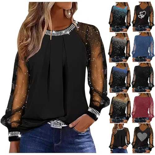 Women Black Long Shirts Shiny Sequin Shirts Glitter Sexy Graphic Tees Mesh Tops Print T-Shirt Casual Cold Loose Long Sleeve Tops Fashion Off Shoulder Party Blouse