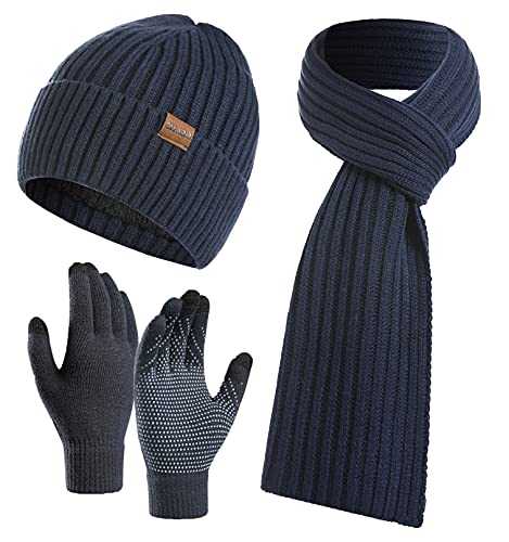 Yutdeng 3 in 1 Winter Hat Scarf Gloves Set Men Women Classic Knitted Thermal Beanie Hat Long Scarf Touchscreen Gloves Fleece Inner Lining Unisex Outdoors Skiing