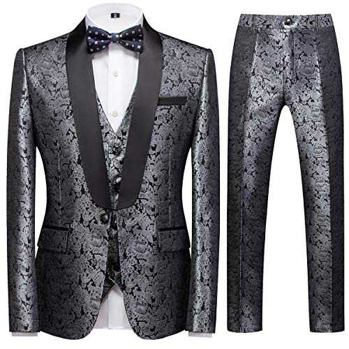 Sliktaa Men's Suits 3 Pieces Wedding Formal Classic Business Shawl Collar Wedding Jacquard Dress Tuxedo Jacket Vest and Trouser