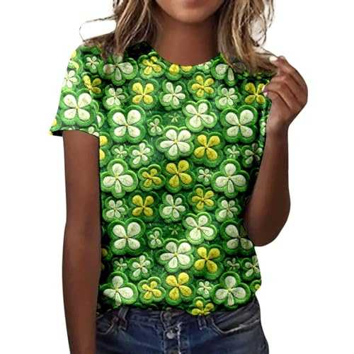 Womens St Patricks Day T Shirts Casual Green Tops O-Neck Irish Paddy's Day Clover Shamrock Printed Tunics Tops Short Sleeve Tshirt Loose Tee Gift