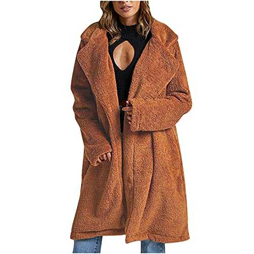 Fleece Coat Women Faux Fur Trench Coat Teddy Bear Lapel Coat Open Front Long Sleeves Warm Fluffy Longline Coat Plain Sherpa Jacket Outwear Overcoat for Autumn & Winter UK Size