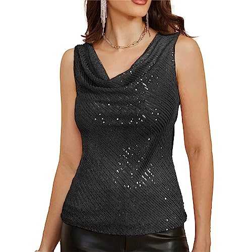 GRACE KARIN Women Sequin Sleeveless Cowl Neck Vest Sparkle Glitter Blouse Top T Shirt