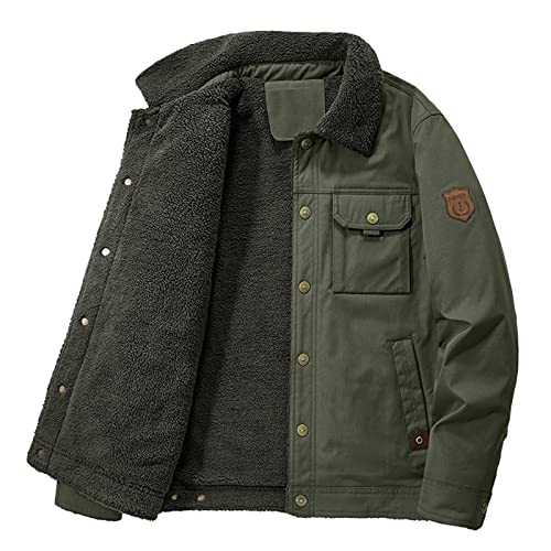 Mens Coats and Jackets Winter Sale Clearance,Teddy Fleece Lined Biker Jacket Lapel Thick Warm Military Cowboy Parka Coats Long Sleeve Button Down Plain Outdoor Outwear Coat for Men UK Size 10-24