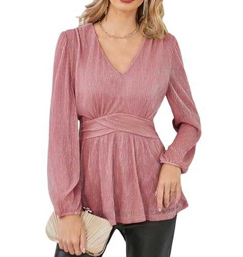 GRACE KARIN Women's Elegant Tops Glitter Long Sleeve Sparkle Party Christmas Wrap Blouse V-Neck Sequin Top Tunic Blouse