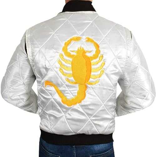 Mens Scorpion Logo Drive Satin Bomber Jacket - Souvenir Jacket - Drive Jacket, Drive Scorpion White Jacket, XL