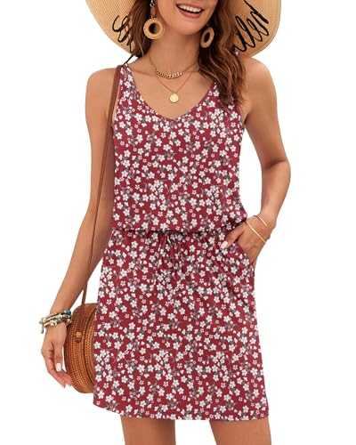 AUSELILY Women's Summer Dress Casual Sleeveless Sundress Beach Swing Drawstring Waist Dress with Pockets