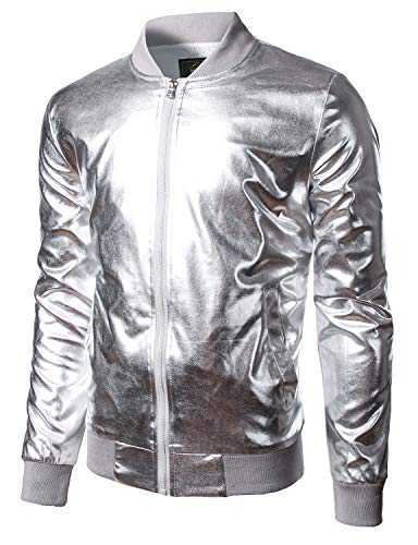 JOGAL Mens Metallic Nightclub Styles Zip Up Varsity Baseball Bomber Jacket Costume