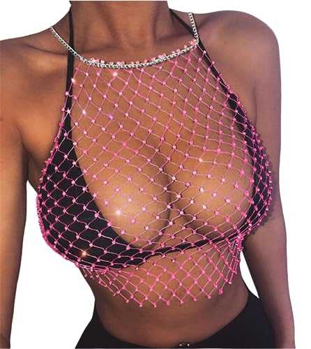 Women See Through Mesh Diamond Tank Tops Hollow Out Beach Cover up Crop Tops for Rave Festival Clubwear