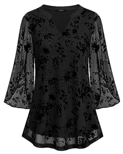 VALOLIA Women's 3/4 Sleeve Floral Tunic Tops V Neck Double Layers Loose Fit Mesh Blouses Shirt