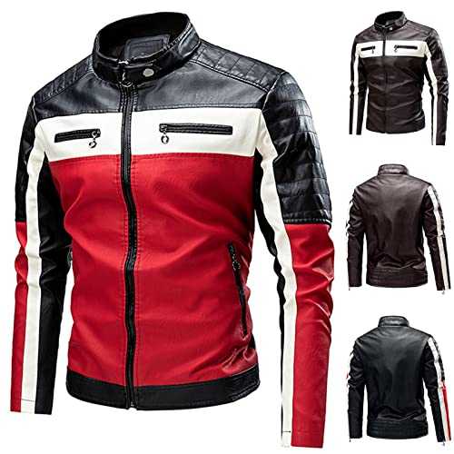 Mens Biker Jackets Sale Clearance,Casual Faux Leather Bomber Coat Stand Collar Pockets Colorblock Zipper Winter Warm Windbreaker Slim Fit Motorcycle Trucker Jacket for Men UK Size 10-20