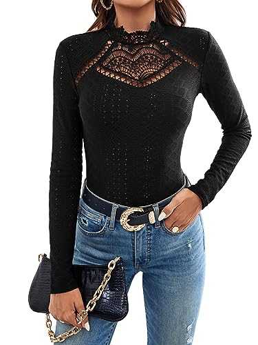 GORGLITTER Women's Lace Sheer Mock Neck Tee Long Sleeve Slim Fitted T Shirt Casual Tops