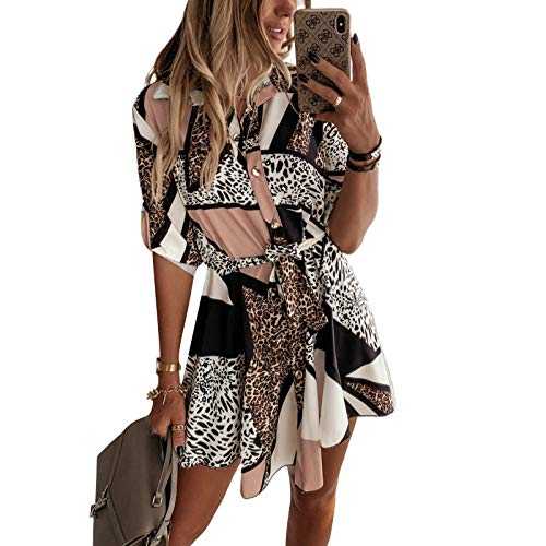 Women's Dress Long Sleeves Leopard Printed Elegant Shirt Button with Belt Office Casual Ceremony Wear Summer Dress