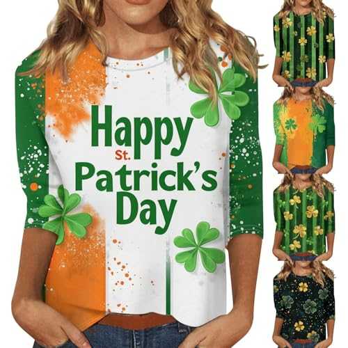 Happy St Patricks Day T Shirts for Women UK St. Patrick's Day 3/4 Tops for Women UK Green Irish Tee Shirt Loose Slim Fit T Shirt Funny Round Neck Casual Sweatshirt Outfits