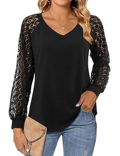 Beluring Womens Lace Long Sleeve Tops Plain V Neck T Shirts Loose Casual Blouse Dressy Tunic Shirt